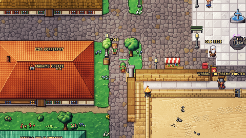 Brightharbor's streets beside the sand of the coliseum, with the arena master at the gate