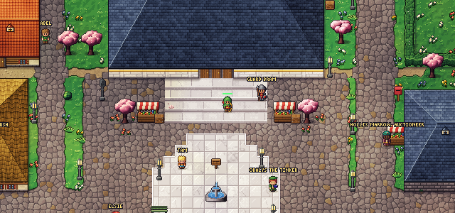 Brightharbor's square in the game: the temple steps, market stalls, cherry trees and townsfolk around a fountain