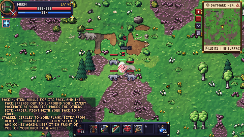 A ranger fighting a wolf pack in the wild, with the game's health bars, minimap and spell bar