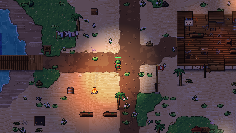 Rumhollow, a pirate cove, at night: a campfire, palm trees and a tavern deck by the water