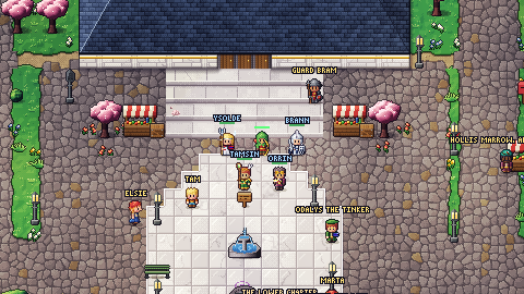 Five adventurers of different classes gathered on the temple steps in Brightharbor
